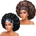 Silk Satin Bonnet Hair Cap: 2pcs 17inch Diameter Extra Large Jumbo Sleeping Satin Bonnets with Comfortable Flower Band - High Density Satin Bonnets for Women Braids Curly Night Cap（Black & Coffee） by IsshinBeauty