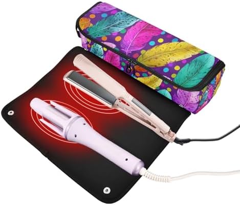 Hair Tools Travel Bag with Heat Resistant Mat 2-in-1 Hot Tools Travel Bag Organizer Flat Curling Iron Travel Case for Straightener Colorful Feathers and Polka Dots - Image 2