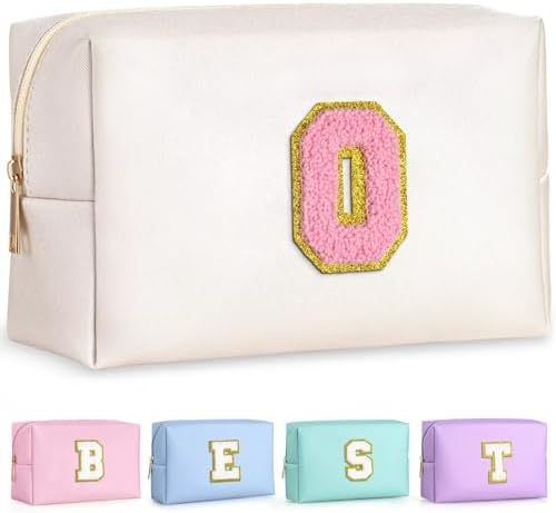 TOPEAST Small Makeup Bag Initial Cosmetic Bag Travel Toiletry Bag, Personalized Birthday Gift for Mom Sister Friends Teacher Nurse, Preppy Travel Stuff for Girls (Pearly White O) by TOPEAST