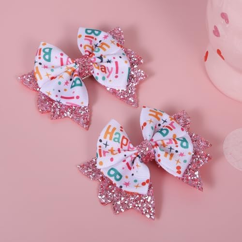 3.5" Birthday Bow Hair Clips for Girls 1 2 3 4 5 6 Years Glitter Pink Ribbon Bowknot Barrettes Alligator Pins for Teens ToddlerKids Happy Birthday Party Dress Decor Accessories Gift - Image 2