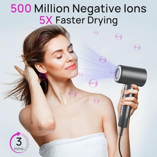 CONFU Hair Dryer, 110000 RPM Fast Drying Blow Dryer with Magnetic Diffuser and Concentrator, Professional Lightweight Ionic Hair Dryer for Women and Men Grey - Image 3