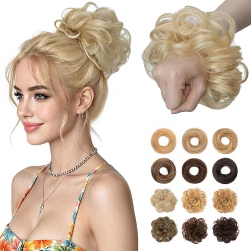 Messy Bun Hair Pieces Human Hair, Wavy #613 Bleach Blonde by SLEEKALON