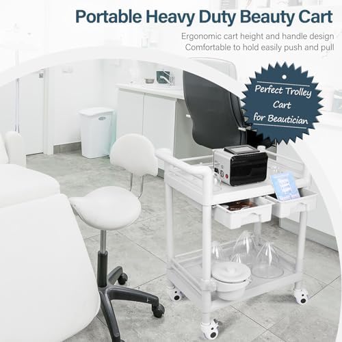 2 Tier Esthetician Cart, Rolling Utility Cart with Bucket & 2 Big Drawers, Heavy Duty Salon Trolley with 360 Rotate Silent Wheels, Load 330lbs Mobile Medical for Salon Hospital Office Lab - Image 6