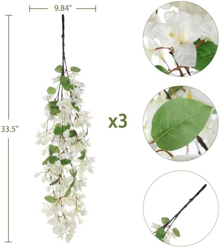33.5" Bougainvillea Artificial Flowers Fake White Flowers, UV Resistant Long Sprays Artificial Bougainvillea Flowers for Indoor & Outdoor Decor, 3PCS Faux Hanging Flower for Home Room Wedding Porch - Image 3