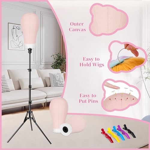 22" Mannequin Head 63" Tripod Wig Head Stand for Wigs Making Display, Pink - Image 2