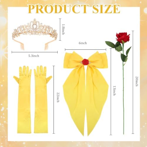 Princess Costume Accessories Crown Rose Hair Bow Yellow Gloves Kit - Image 2