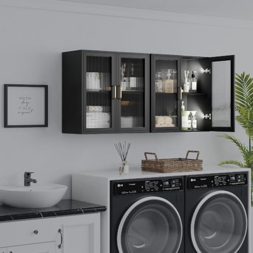 Furnaza Black LED Wall Storage Cabinets with Adjustable Shlelf - Image 3