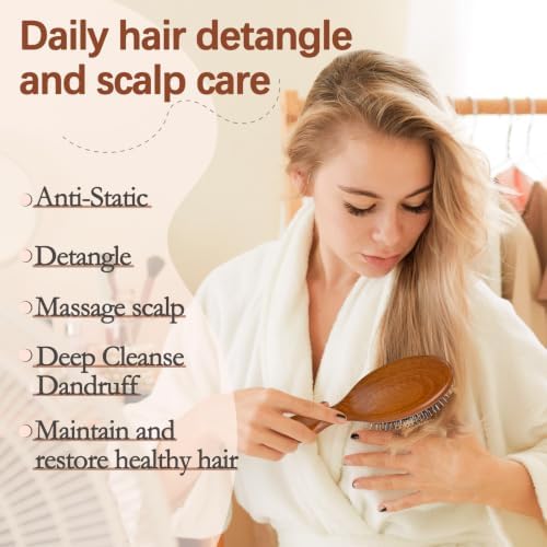 Hair Brush for Women Men Kid, Boar Bristle Hairbrush for Curly Fine Straight Hair Deangling Smoothing Massaging wiith Boar & Nylon Bristle - Image 6