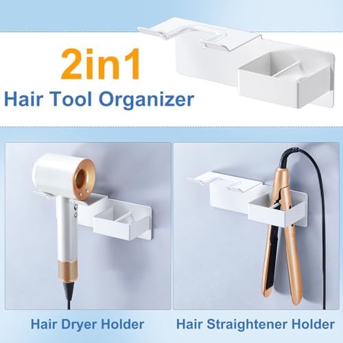 Hair Dryer Holder Wall Mounted, Hair Straightener Holder Metal, Adhesive Blow Dryer and Hair Straightener Holder, Bathroom Bedroom Hair Tool Organizer for Flat Iron,Curling Iron,Hairdryer (White) - Image 2