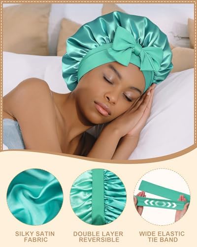 Satin Bonnet for Women Silk Bonnets for Sleeping Curly Hair Bonnet with Elastic Tie Band Reversible Double Layer Sleep Cap Hair Wrap (Blue+Green) - Image 6
