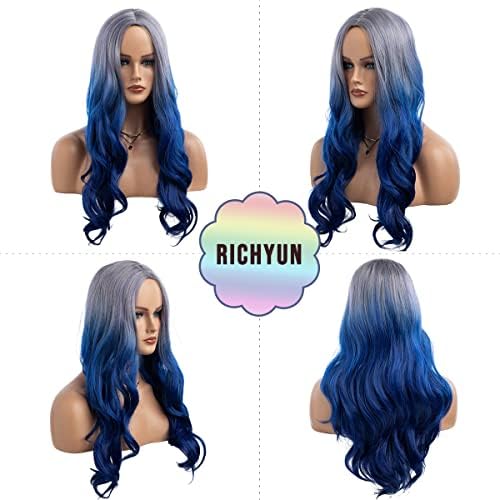 Long Curly Wavy Silver Grey to Blue Wig Middle Part Natural Looking Synthetic Cosplay Wig for Women - Image 5