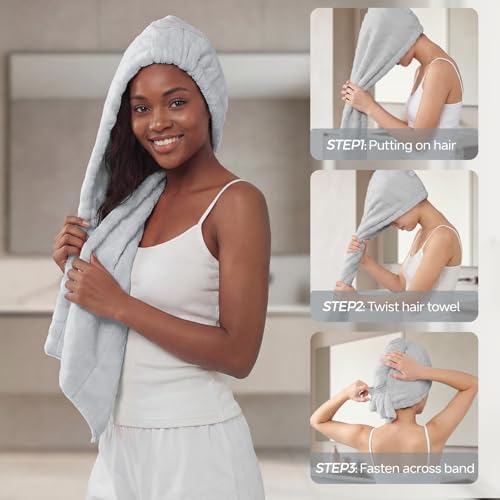 REDKISS 2 Pack Microfiber Hair Towel Wrap for Women, Super Absorbent & Quick Dry Large Hair Turban, Lightweight Anti-Frizz Drying Towel for Long Curly Thick Hair - Blue Gray - Image 4