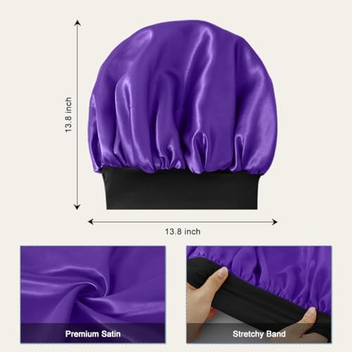 2 PCS Satin Silk Bonnet for Men Women, Hair Bonnet for Sleeping Men with Elastic Band, Large Silk Bonnet for Women Curly Hair Braids (Black+Purple) - Image 3