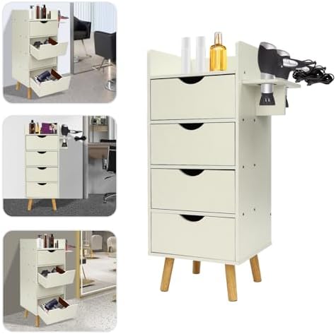 Salon Storage Cabinet with 2 Hair Dryer Holder, Barber Storage Cabinet Hair Stylist Station with 4 Drawers and Raised Table Legs for Beauty Spa Barber Shop (White) - Image 5