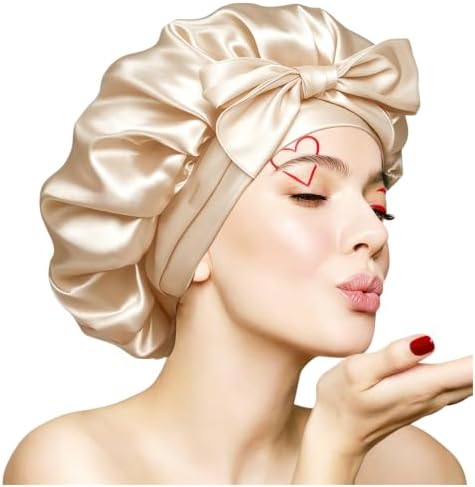 VECIIR Silk Bonnet for Sleeping Women，Hair Bonnet for Sleeping Silk Night Cap for Curly/Natural Hair Skin ‌Beige, Large by CraftedforExcellence
