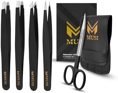 MUSI 5 PCS Tweezers for Women Facial Hair, with Eyebrow Scissors Set by MUSI
