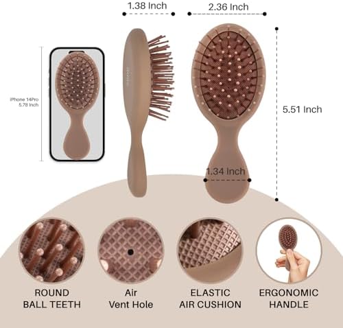 RHOS Mini Hair Brush for Women,Men and Kids-Travel Size Hair Brush for Purse,Pocket,backpack-Small Cushion Paddle Brush with Soft Bristles-Mini Detangler Brush for All Hair Types(1 Pack-Mocha) - Image 2