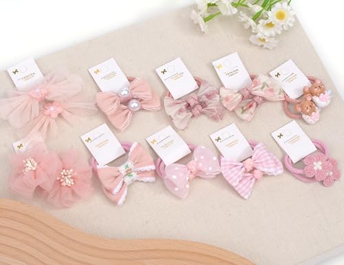10 pairs Hair Ties With Bows 1.2 Inch Small, Ponytail Holders Pigtails Elastic Bands Hair Accessories For [Toddler] Kids [Baby] [Girl]s (Set-A) - Image 3