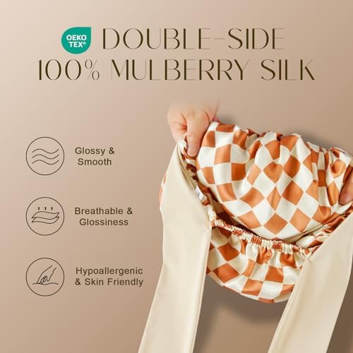 ZIMASILK 100% Mulberry Silk Bonnet for Sleeping Women Long Hair, Checkered - Image 2