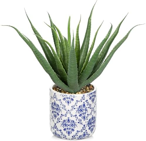 Briful Agave Plants Artificial Succulents Fake Plant in Blue Vase, 9'' Tall Realistic Faux Aloe Vera for Home Decor Indoor Centerpiece Table Kitchen by Briful