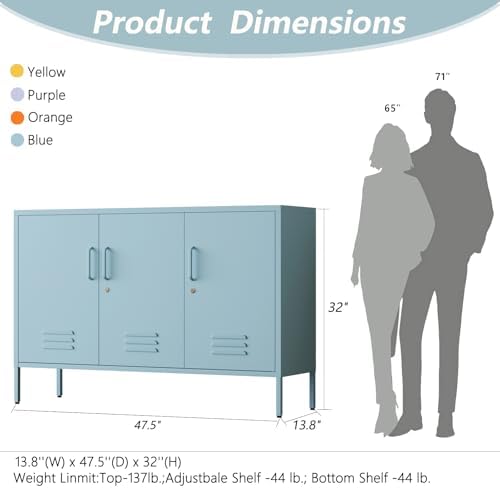 Blue Metal Storage Cabinet with Lock, 47.5" Wide Ventilated Door Locker, 2 Adjustable Shelves, Heavy Duty Home Accent Cabinet for Living Room Kitchen Office Study - Image 2