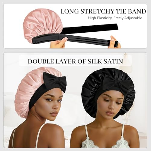 Silk Bonnet for Sleeping Satin Hair Bonnet Double Layer Adjustable Sleep Cap with Elastic Tie Band - Image 5