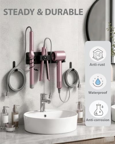 Hair Dryer Holder Wall Mounted with Cord Organizer, Black - Image 4