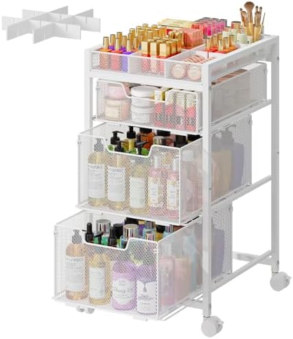 JKsmart Rolling Makeup Cart Organizer with 3 Drawers, Cosmetics Display with Dividers, Floor Skincare Storage with Wheels, Versatile Vanity Organizer for Nail Polish Perfume Brush Hair Tool, White by JKsmart