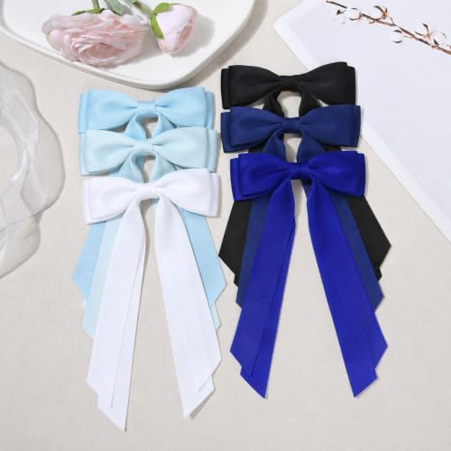 6PCS Blue Tone Hair Bows, Large Ribbon Bow Hair Clips for Girls Women Cute Ponytail Holder Accessories for Toddlers Kids Teens - Image 2