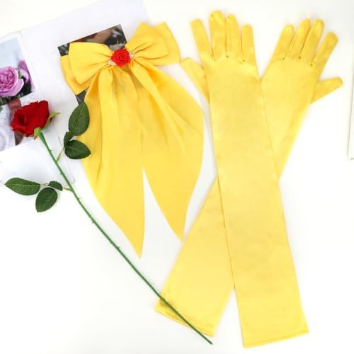 Princess Costume Accessories Crown Rose Hair Bow Yellow Gloves Kit - Image 7