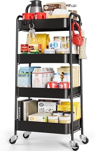 TOOLF 4 Tier Metal Rolling Cart, Utility Storage Cart with Wheels, Black by TOOLF