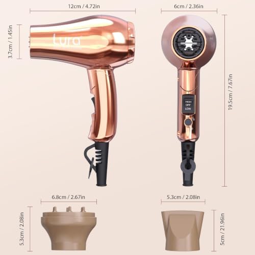 LURA Mini Portable Travel Hair Dryer:Dual Voltage Small Lightweight Blow Dryer with EU Plug,1200W Compact Hairdryer with Folding Handle,with Concentrator&Diffuser Attachment,for Women and Men - Image 6