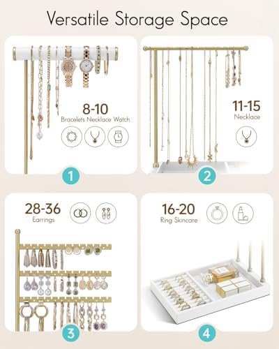 VLANDO Jewelry Stand Organizer with Ring Holder, Jewelry Holder Organizer with Tray, Necklace Holder Bracket Holder Earring Holder - White - Image 3