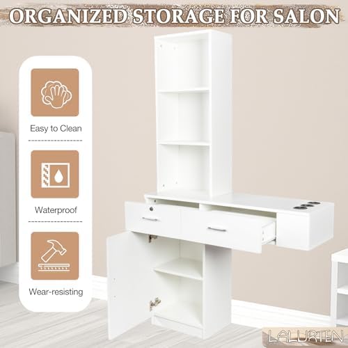 Barber Station Wall Mount Styling Stations for Salons with Cabinets Salon Station for Hair Stylist with Lockable Drawers Salon Cabinet with 3 Shelves Styling Hairstylist Station (White) - Image 3
