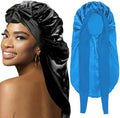 2Pcs Bonnets for Black Women Braid Bonnet, Large Long Satin Bonnet for Braids, Silk Bonnet with Stretchy Tie Band Sleep Cap Hair (2Pcs-Black&Blue) by WOZUTUNT