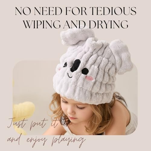 Microfiber Hair Towel Wrap for Kids, Koala Toddler Quick Drying Cap - Image 4