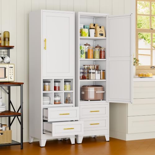Tall Metal Narrow Storage Cabinet 67" H with 2 Drawer, White Pantry Cabinets with 3 Adjustable Shelves and Door,Tall Bathroom Cabinet for Kitchen, Home Office, Living Room, Dining Room - Image 3