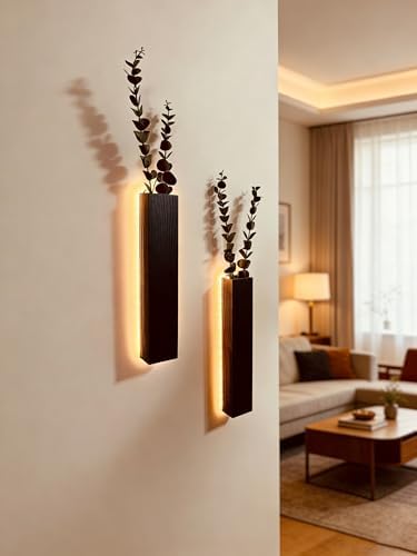 Artificial Eucalyptus with LED Lights Wall Planters Rustic Wall Decor with Lights Fake Vines for Home Decor Bedroom Living Room Bathroom Hanging Vase for Dried Flowers Faux Plants (Black) - Image 2