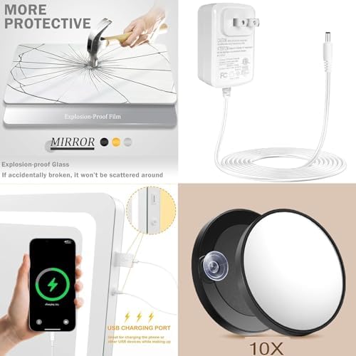 Gvnkvn Makeup Vanity Mirror with USB Charging Port 24" x 19" Large LED Makeup Mirror, Desk Mirorr with Lights, Light up Mirror with 10X Magnification and, Dimmable 3 Modes, Touch Control White - Image 4
