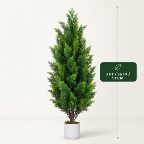 Garvee 3FT Artificial Cedar Trees 2 Pcs with White Spotted Pot - Image 2