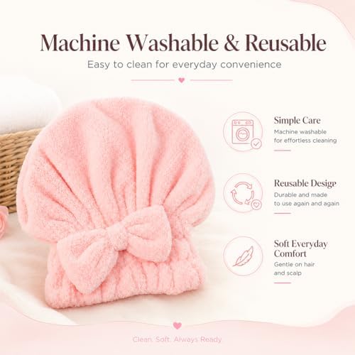 Coral Velvet Cute Bow Bath Cap for Women, Ultra Soft Absorbent Hair Drying Cap, Quick Dry Hair Towel Wrap, Towel Turban for Wet Hair, Curly, Long & Thick Hair (1, Beige) - Image 5