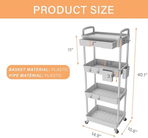 4 Tier Rolling Utility Cart with Drawer,REBECAT Utility Cart Made of Multifunctional Storage Organizer Tool for Kitchen,Bathroom,Living Room,Office(Gray) - Image 5