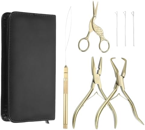 HARFINGTON Hair Extension Beading Tool Kit Stainless Steel Hair Extensions Micro Link Bead Closer and Remover Pliers Micro Ring Loop Needle Pulling Hook and Cutting Scissors, Gold Tone by HARFINGTON