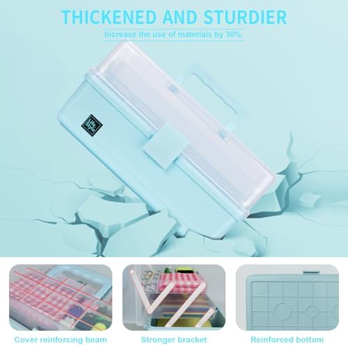 Creahaus 13 inch Art Craft Organizer Storage Box with 3 Layer, Multipurpose Plastic Tool Box with Handle for Sewing, Art Supply, Medicine, Nail, Hair Accessories (Blue) - Image 3