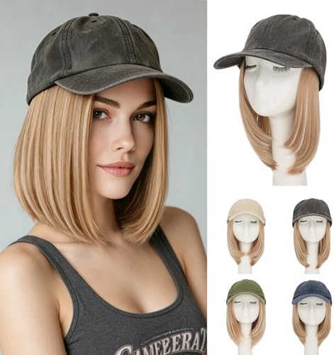 Rich Choices Hat Wigs for Women,Dark Gray Baseball Cap with Hair Extensions for Women,Short Bob Hairstyle Caps with Hair Attached Adjustable Baseball Cap Wig 6 Inch Highlighted Honey Blonde Hair by RichChoices