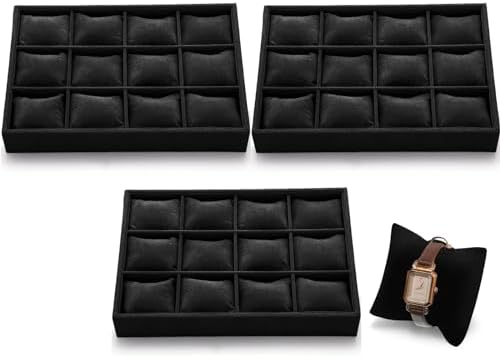 Sureio 3 Pack 12 Grid Watch Tray Organizer, with Bracelet Pillows Black by Sureio