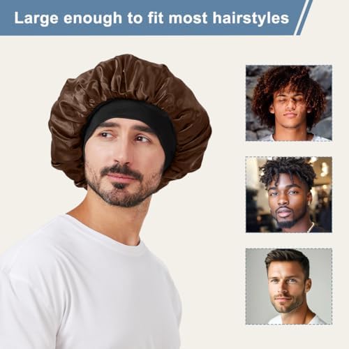 2 PCS Satin Silk Bonnet for Men Women, Hair Bonnet for Sleeping Men with Elastic Band, Large Silk Bonnet for Women Curly Hair Braids (Black+Brown) - Image 5