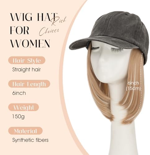 Rich Choices Hat Wigs for Women,Dark Gray Baseball Cap with Hair Extensions for Women,Short Bob Hairstyle Caps with Hair Attached Adjustable Baseball Cap Wig 6 Inch Highlighted Honey Blonde Hair - Image 2