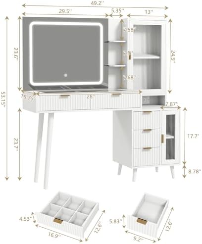 White Vanity Desk with Mirror and Lights, 49" Fluted Makeup Vanity Table with Glass Top, Charging Station, 5 Drawers, 2 Cabinet with Adjustable Shelves, Salon Station, Wood - Image 6