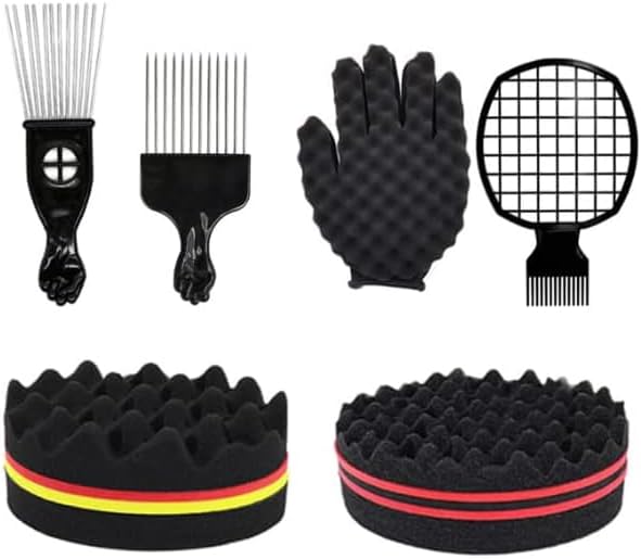 Hair Sponge Set,Afro Brush, Magic Curl Glove, Metal Pick Comb, and Twist Comb for Hairstyling (Black-6Pcs) by Unknown